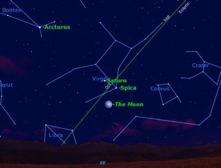 By the following night, Friday May 4, the moon will have moved to the other side of Saturn and Spica.
