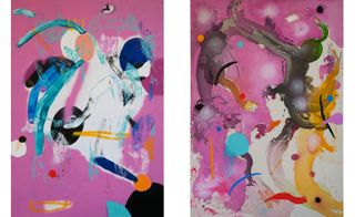 Two side-by-side photos of Caterina Silva’s multicoloured paintings. The first photo is of The Fight, 2015 and the second photo is of Untitled, 2015