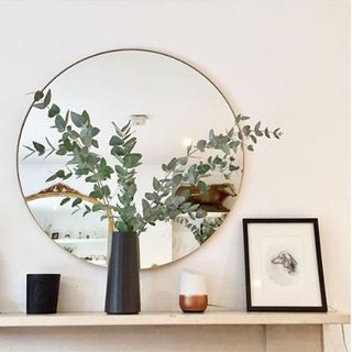 white wall with mirror and plant pot