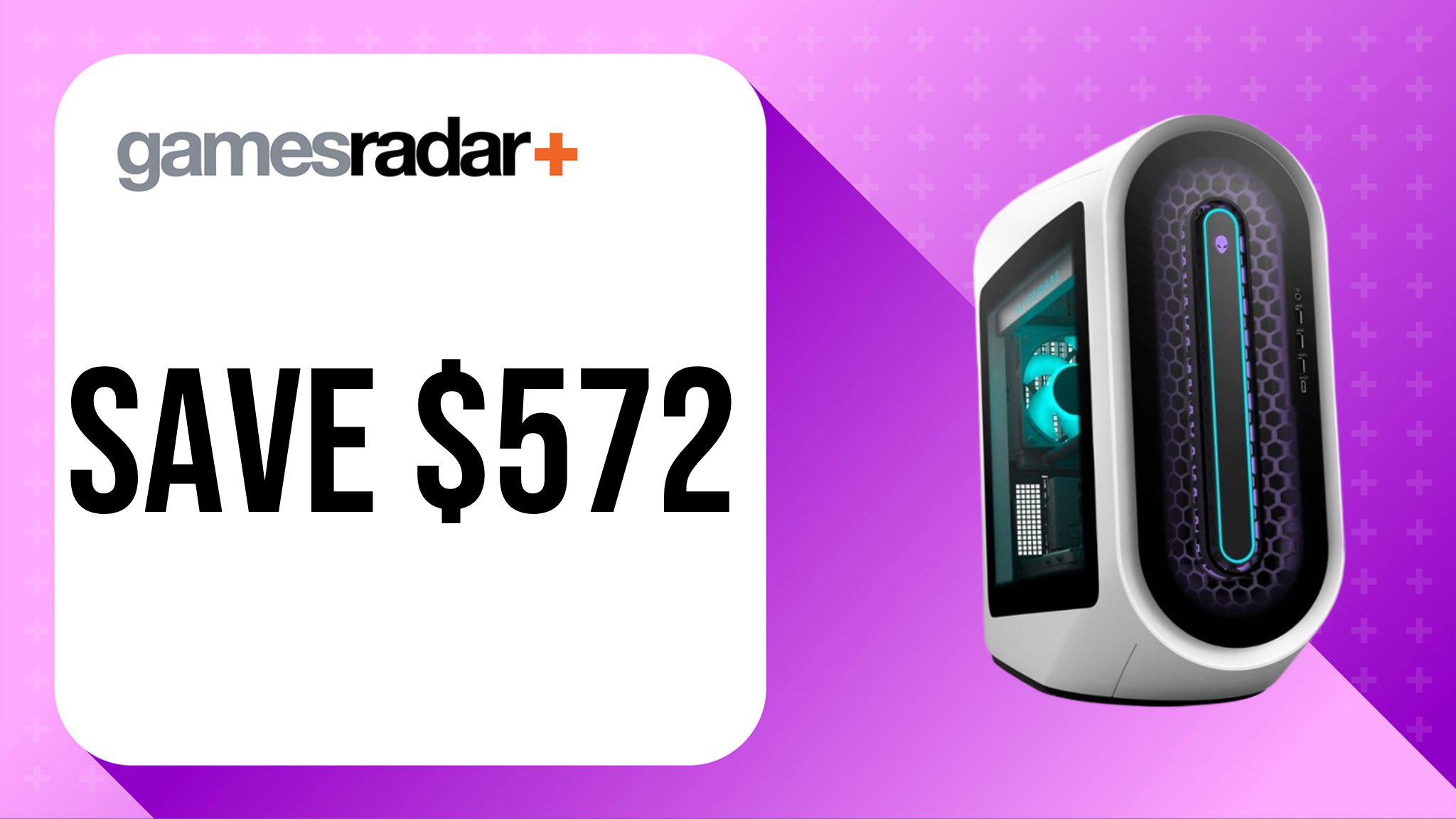 Alienware Aurora R13 deal with $572 saving stamp and purple background