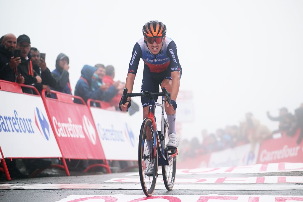 LAGOS DE COVADONGA SPAIN SEPTEMBER 03 Filippo Zana of Italy and Team Jayco AlUla crosses the finish line during the La Vuelta 79th Tour of Spain 2024 Stage 16 a 1815km stage Luanco to Lagos de Covadonga 1069m UCIWT on September 03 2024 in Lagos de Covadonga Spain Photo by Dario BelingheriGetty Images