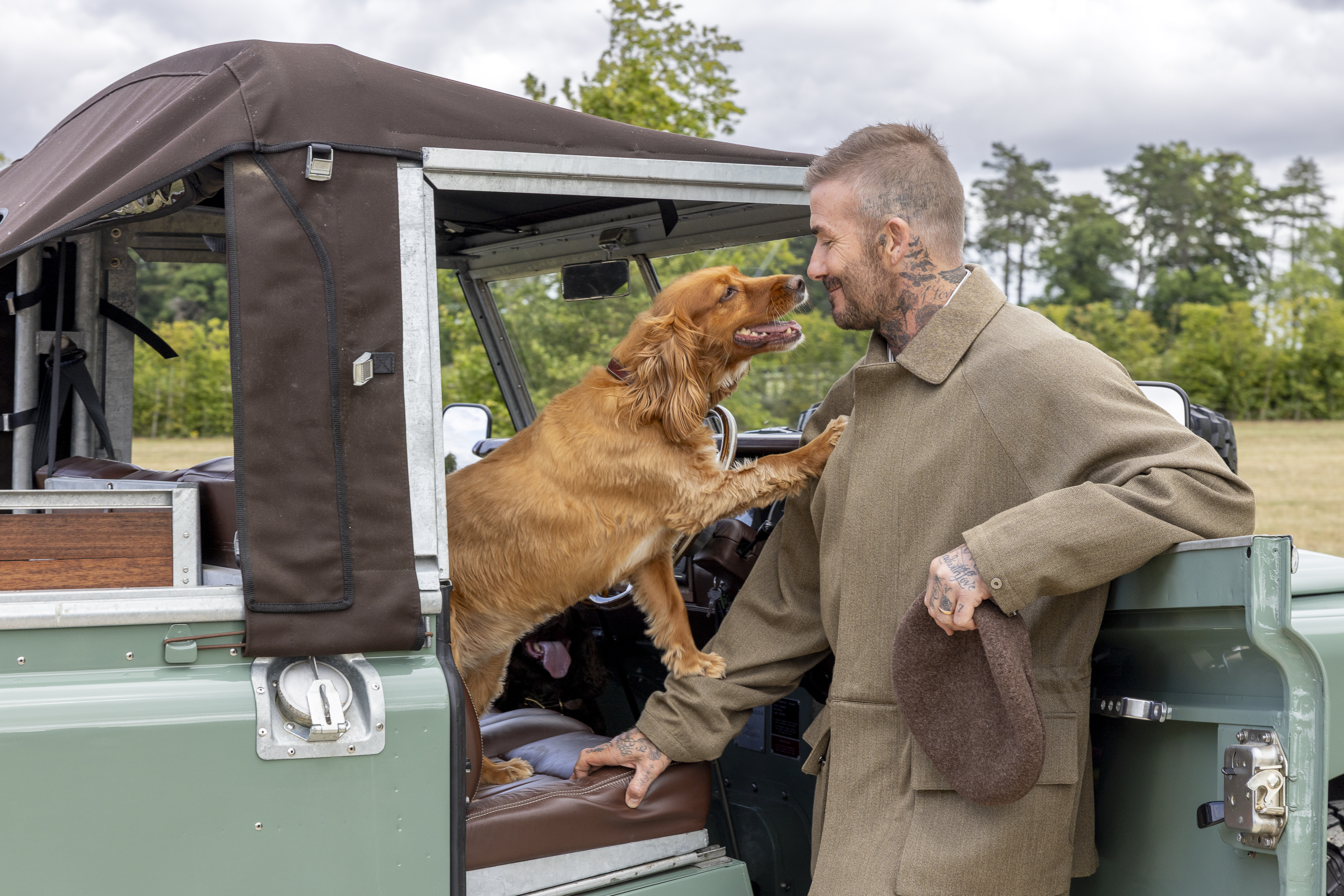 David Beckham is pictured enjoying the countryside with his two Cocker spaniels — one golden, one brown — in a series of relaxed outdoor scenes. He’s seen sitting on the back of a green Land Rover surrounded by wildflowers, sharing an affectionate moment with one of his dogs, walking them across the lawn beside a white picket fence and glasshouse, and sitting by the water’s edge on a wooden bridge bordered by reeds and lavender. In another image, he sits on garden steps lined with purple blooms, his spaniels at his side, perfectly capturing the easy charm of country life.