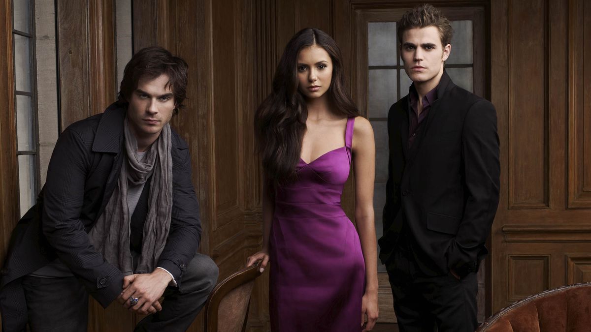 The Vampire Diaries main cast (L-R): Damon (Ian Somerhalder), Elena (Nina Dobrev) and Stefan (Paul Wesley)