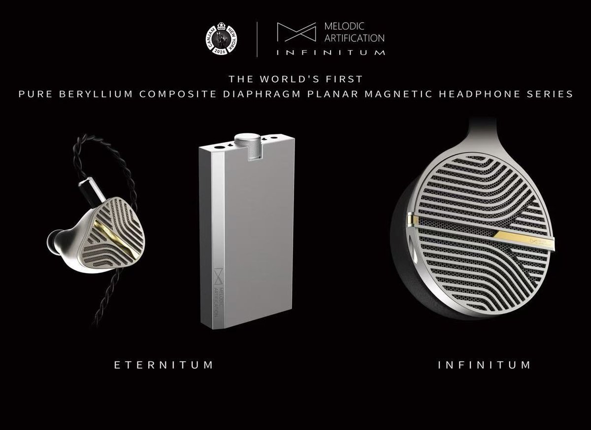 A sleek promotional graphic for Melodic Artification's Infinitum series features high-end audio equipment, including the Eternitum in-ear monitor, a minimalist silver amplifier, and the Infinitum planar magnetic headphones, all showcased against a black background.