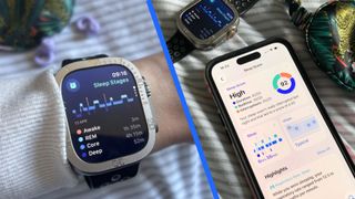 A split screen with an image of the Apple Watch Ultra on a woman's wrist in a bedroom setting, and an image of an iPhone 15 displaying her sleep score.