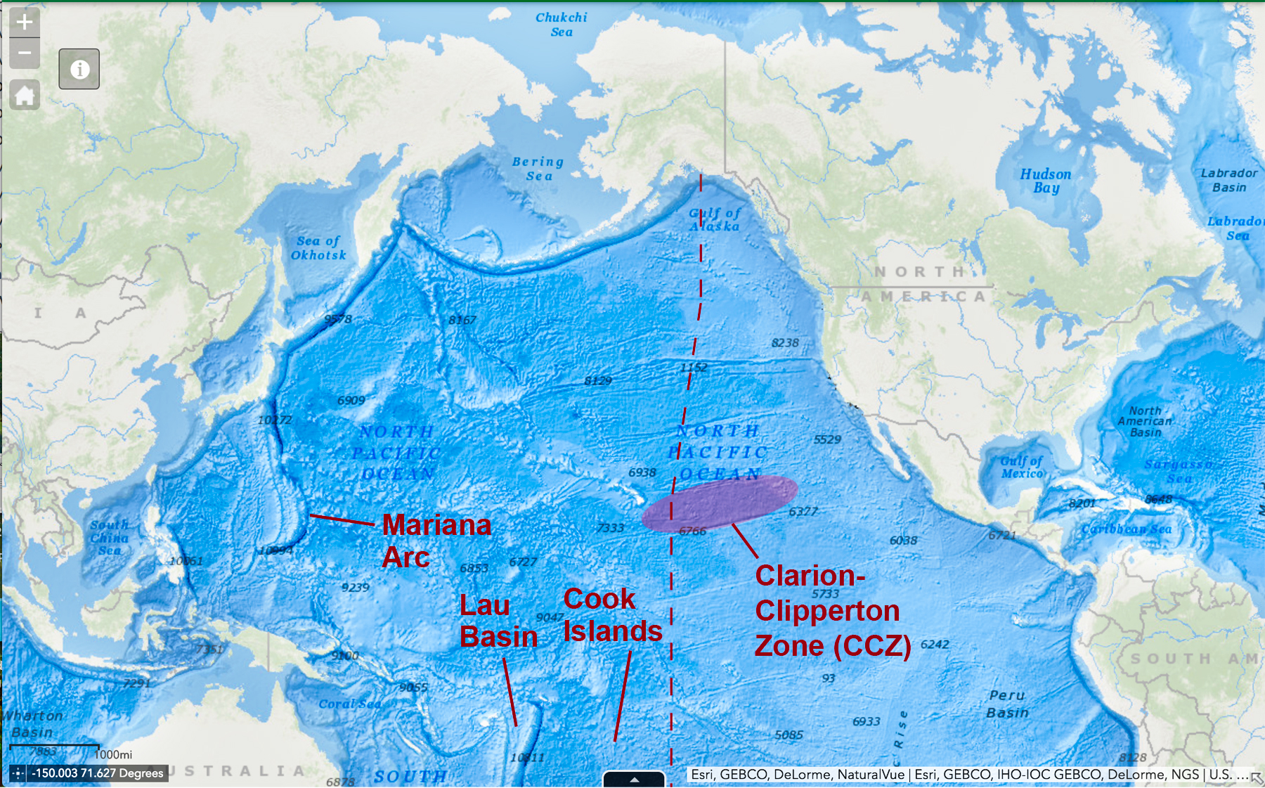 Map showing the location of the Clarion-Clipperton Zone, the Mariana Arc, the Lau Basin, and the Cook Islands in the Pacific Ocean.