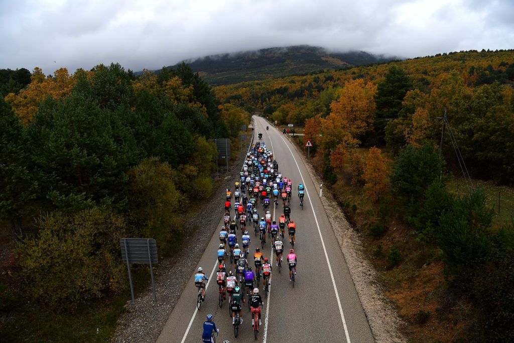 VINUESA SPAIN OCTOBER 22 Peloton Forest Autumn Public Fans Landscape during the 75th Tour of Spain 2020 Stage 3 a 1661km stage from Lodosa to La Laguna Negra Vinuesa 1735m lavuelta LaVuelta20 La Vuelta on October 22 2020 in Vinuesa Spain Photo by Justin SetterfieldGetty Images