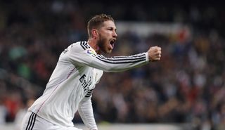 Sergio Ramos celebrates after scoring for Real Madrid against Atletico Madrid in the Copa del Rey in January 2015.