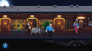 A screenshot of Loco Motive with characters standing in a train carriage