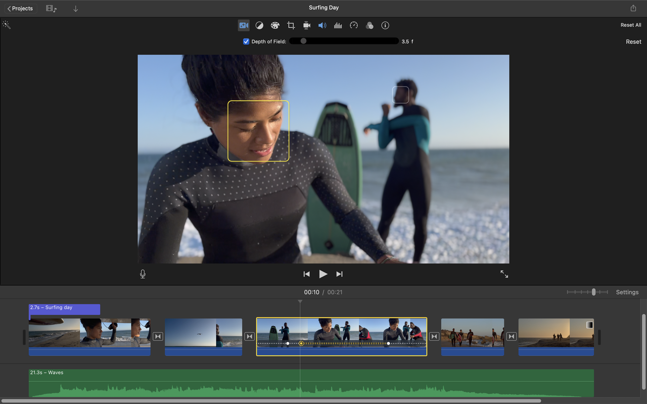 The Apple iMovie editing interface, showing a video being edited.