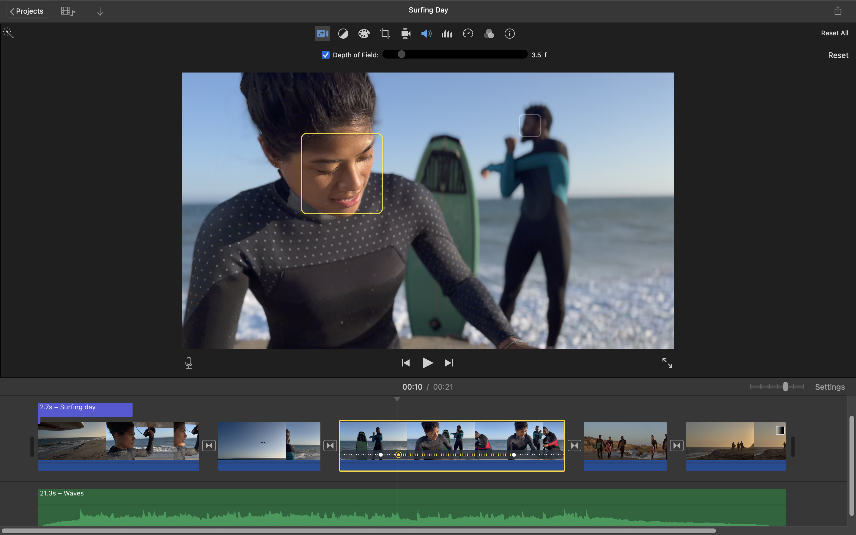 The Apple iMovie editing interface, showing a video being edited.