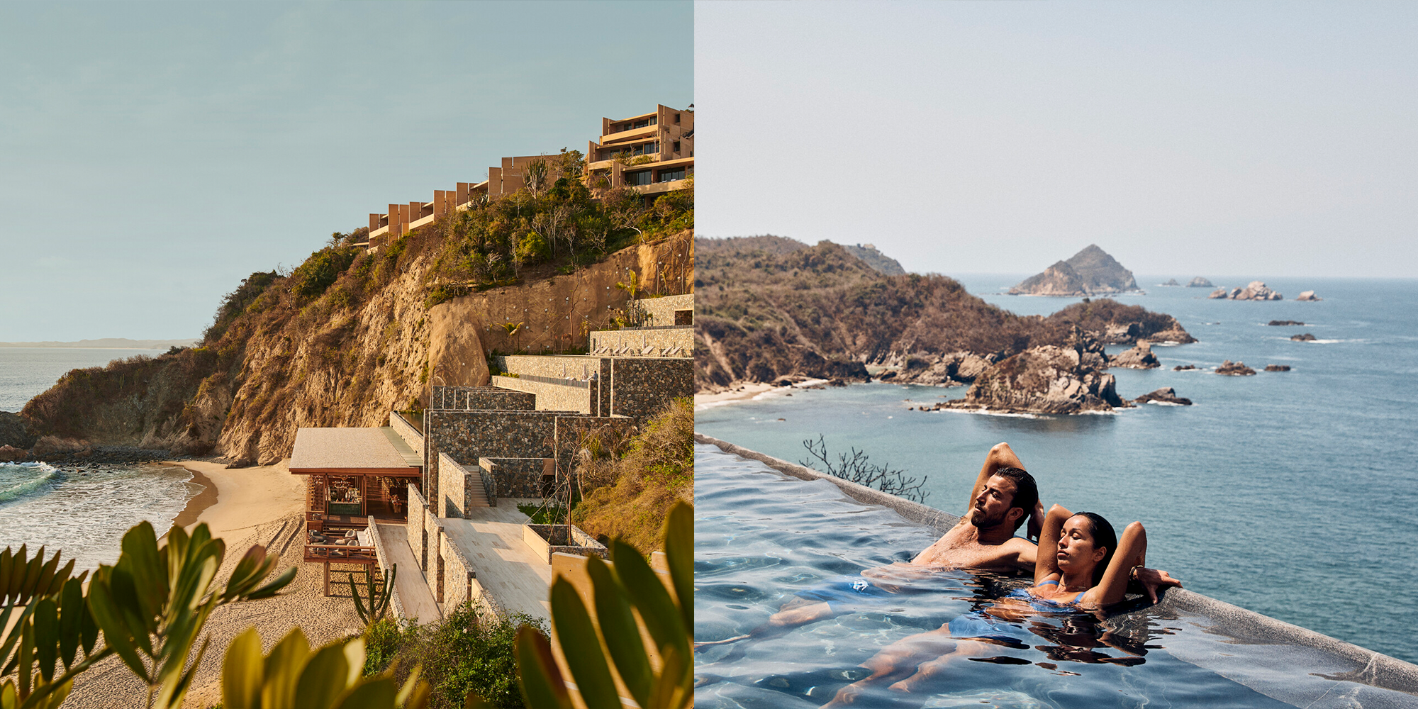 four reasons tamarindo resort from the shore. and two guests relaxing in an infinity pool overlooking the ocean.