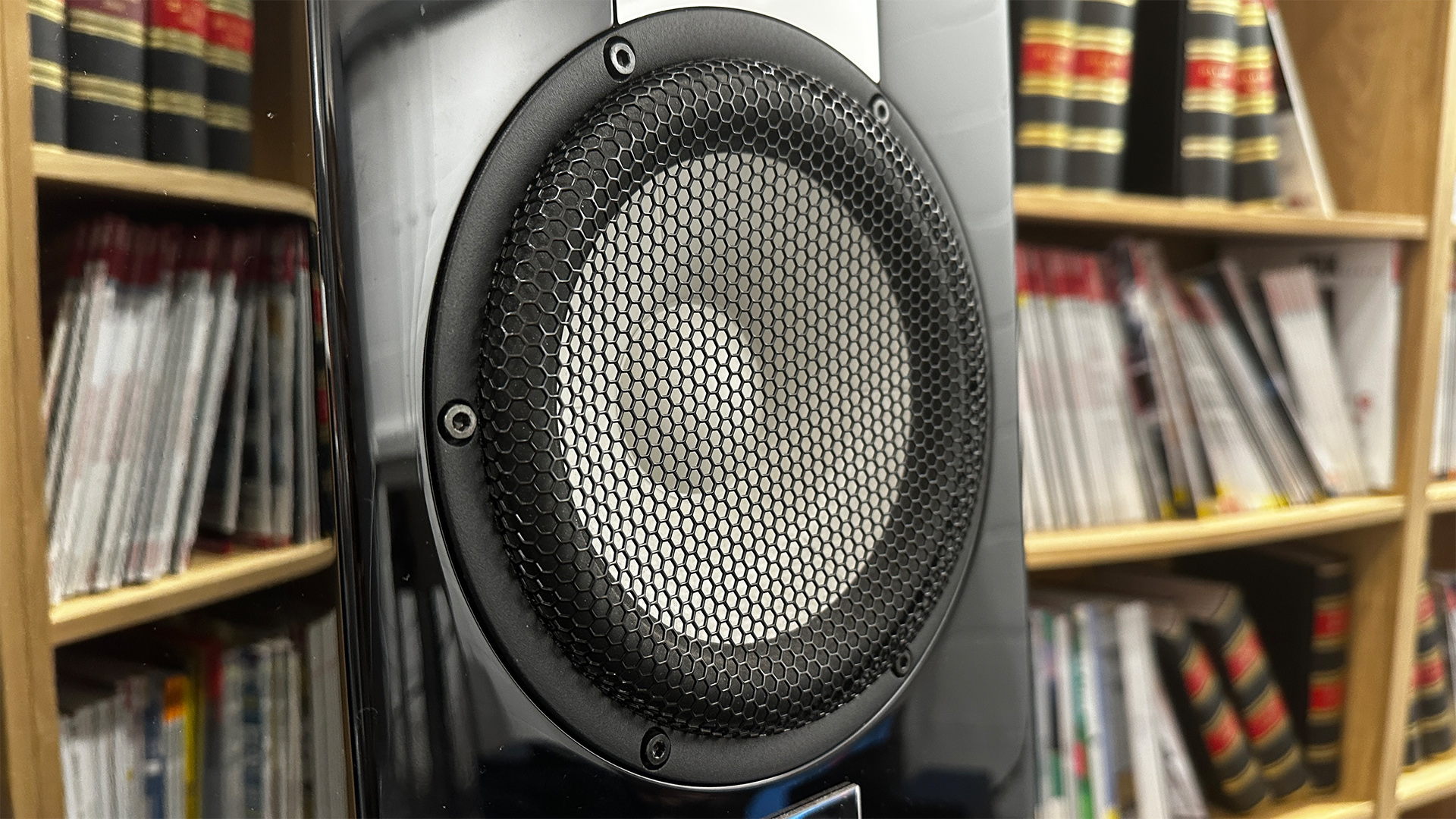 Marten Parker Duo Diamond Edition standmount speaker in front of bookcase close up on mid/bass unit