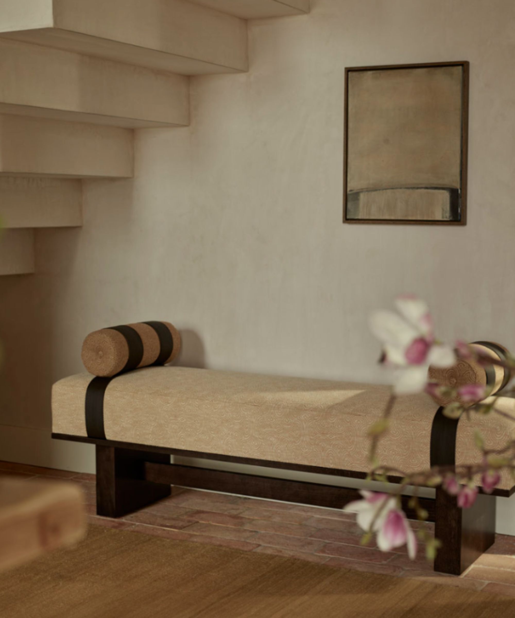 Minimalist Japanese under stair area with neutral bench