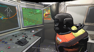 A character looking at a screen in a spaceship
