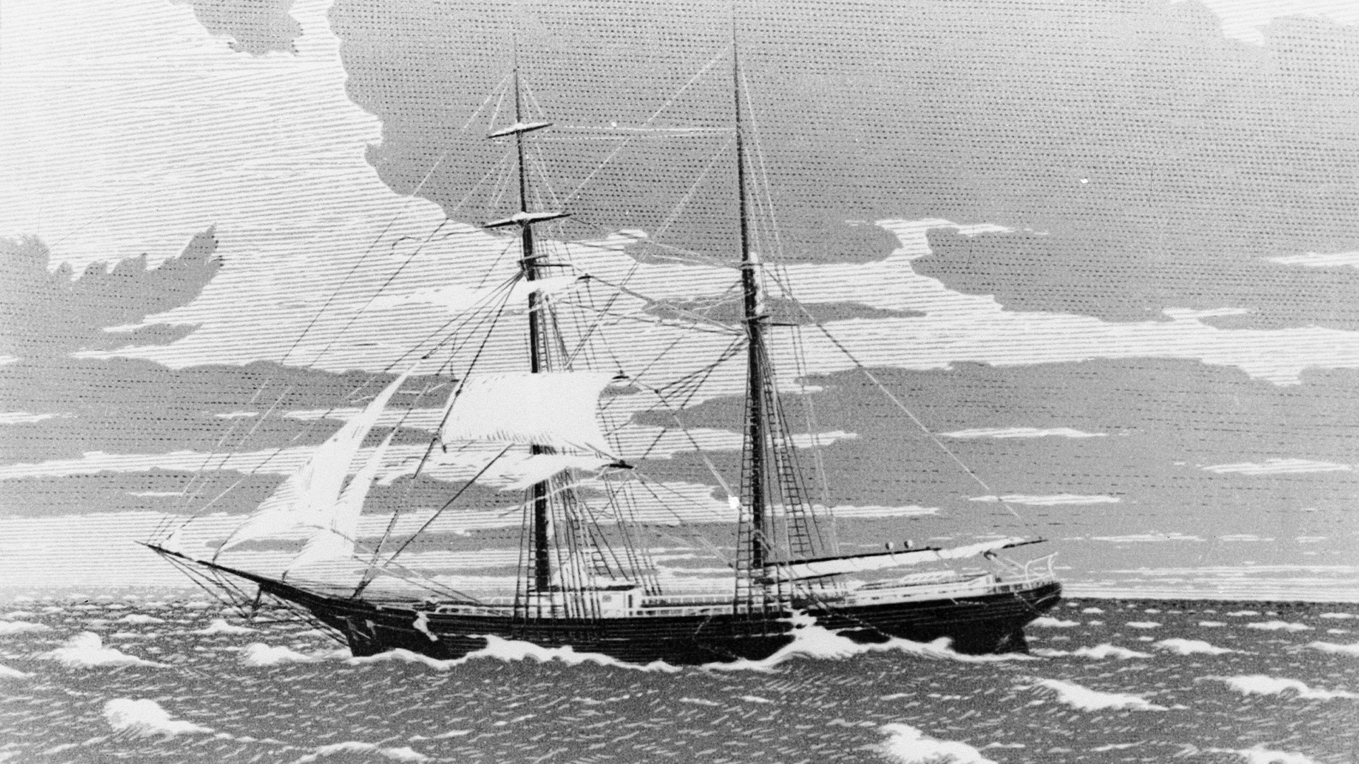 Painting of Mary Celeste schooner at sea.