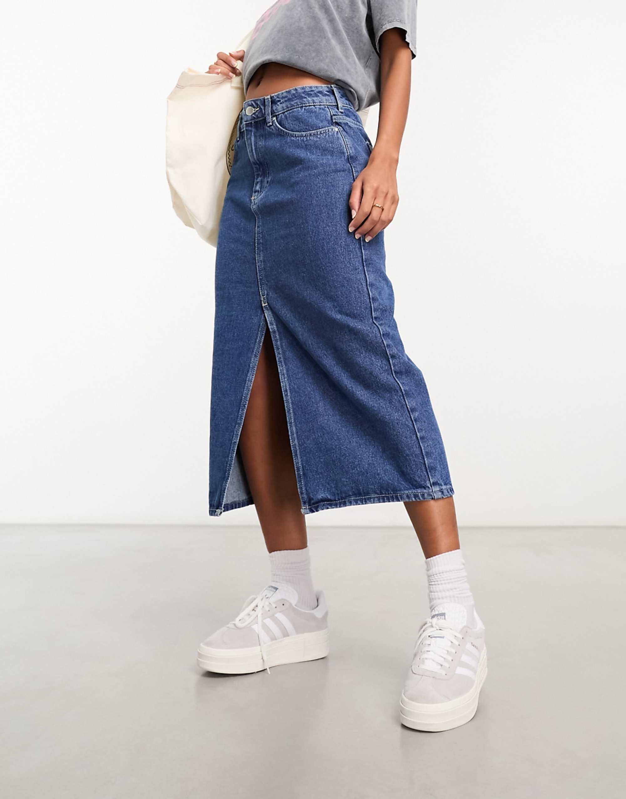 Only Denim Midi Skirt With Front Split in Mid Blue