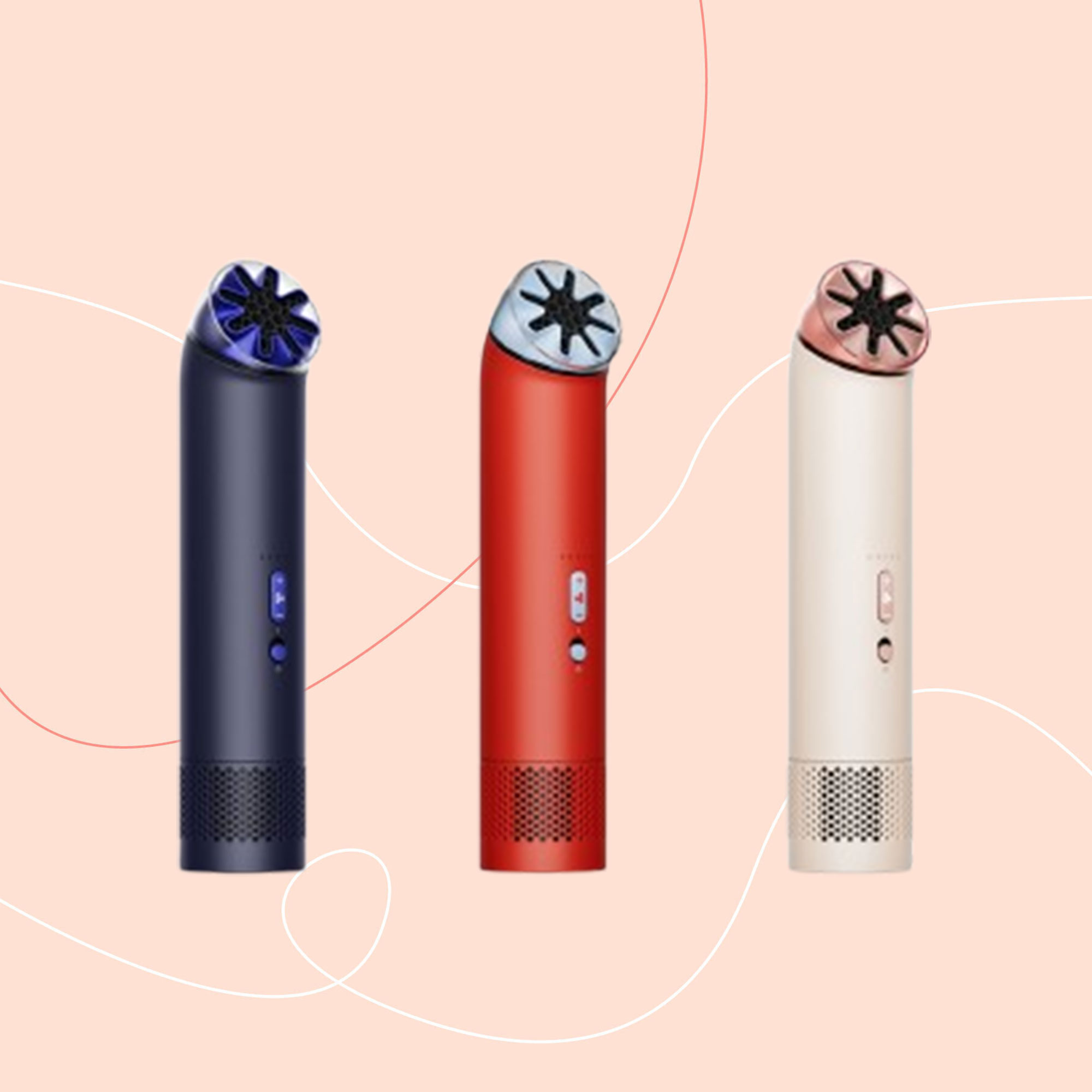 Bladeless handheld fab in blue, red and white on a pink background 