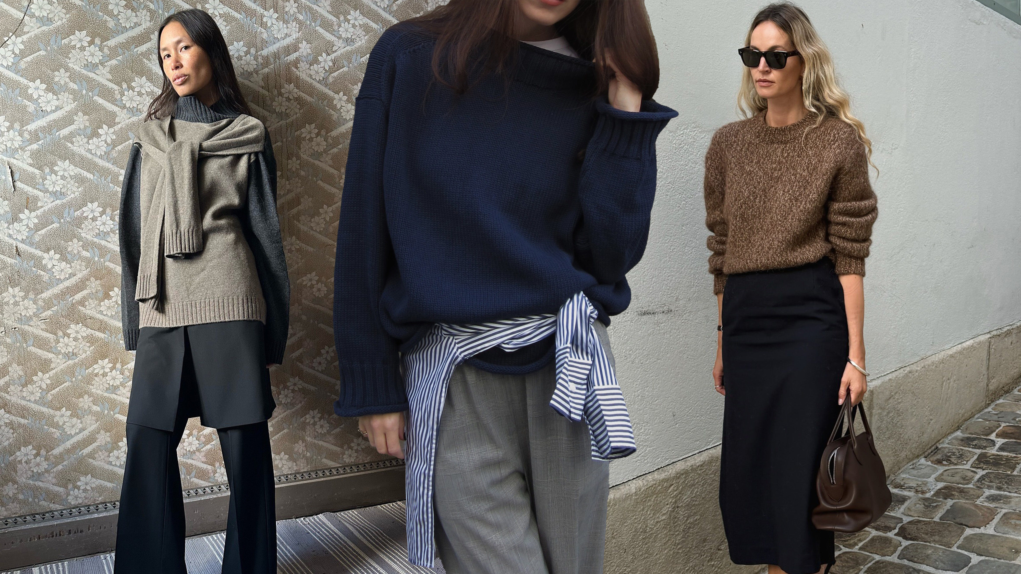 A collage of women wearing sweaters with pants.
