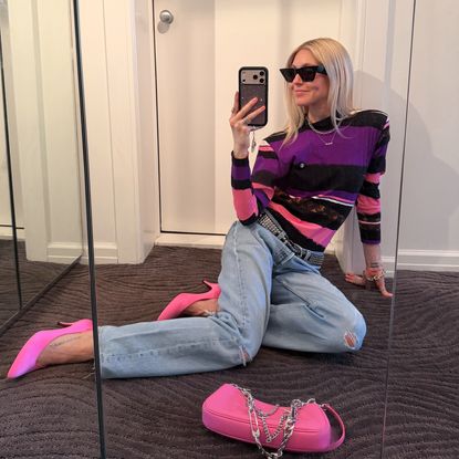 Jessica Minkoff showing off a pink outfit next to a photo of Miami