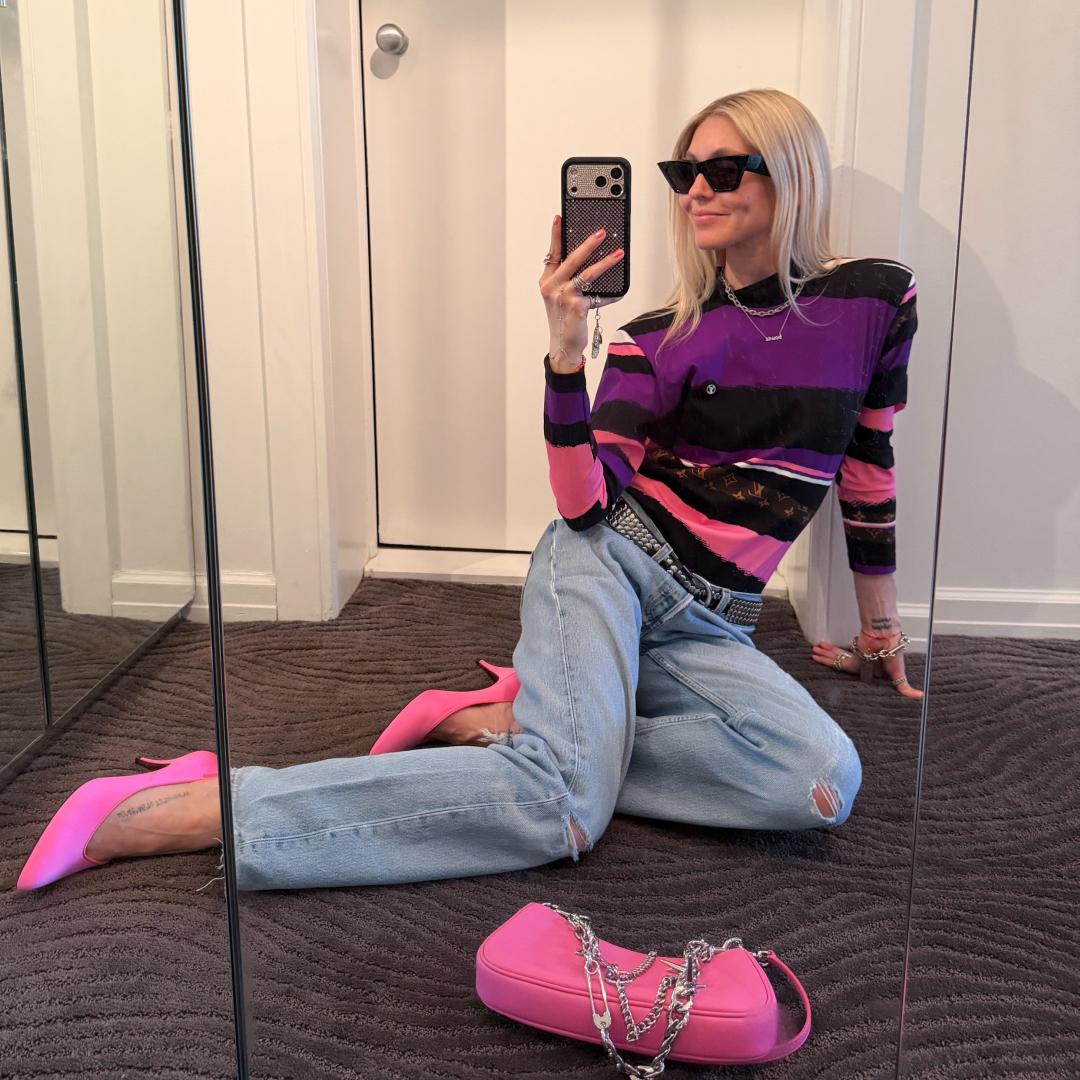 Jessica Minkoff showing off a pink outfit next to a photo of Miami