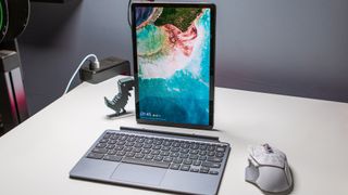 Lenovo Chromebook Duet 11 propped vertically