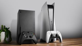 PS5 vs Xbox Series X; two games consoles on a wooden table