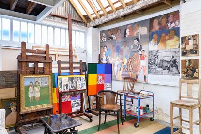 Inside artist Peter Blake's studio in Chiswick, London.