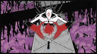 A screenshot from Worship showing a small minion overshadowed by a terrifying deity