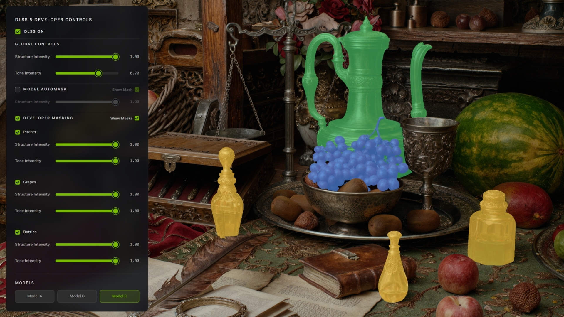 DLSS 5's developer controls with various objects in a scene