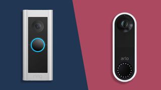 The Ring Video Doorbell Pro 2 on a blue background on the left and the Arlo Video Doorbell on a pink background on the right