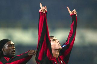 Kaka, pictured with Clarence Seedorf, celebrates a goal for AC Milan against Club Brugge in November 2003.