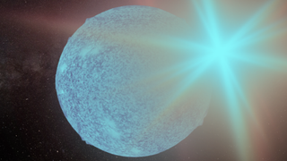 An illustration shows the surface of a speed demon neutron star erupting like an atom bomb