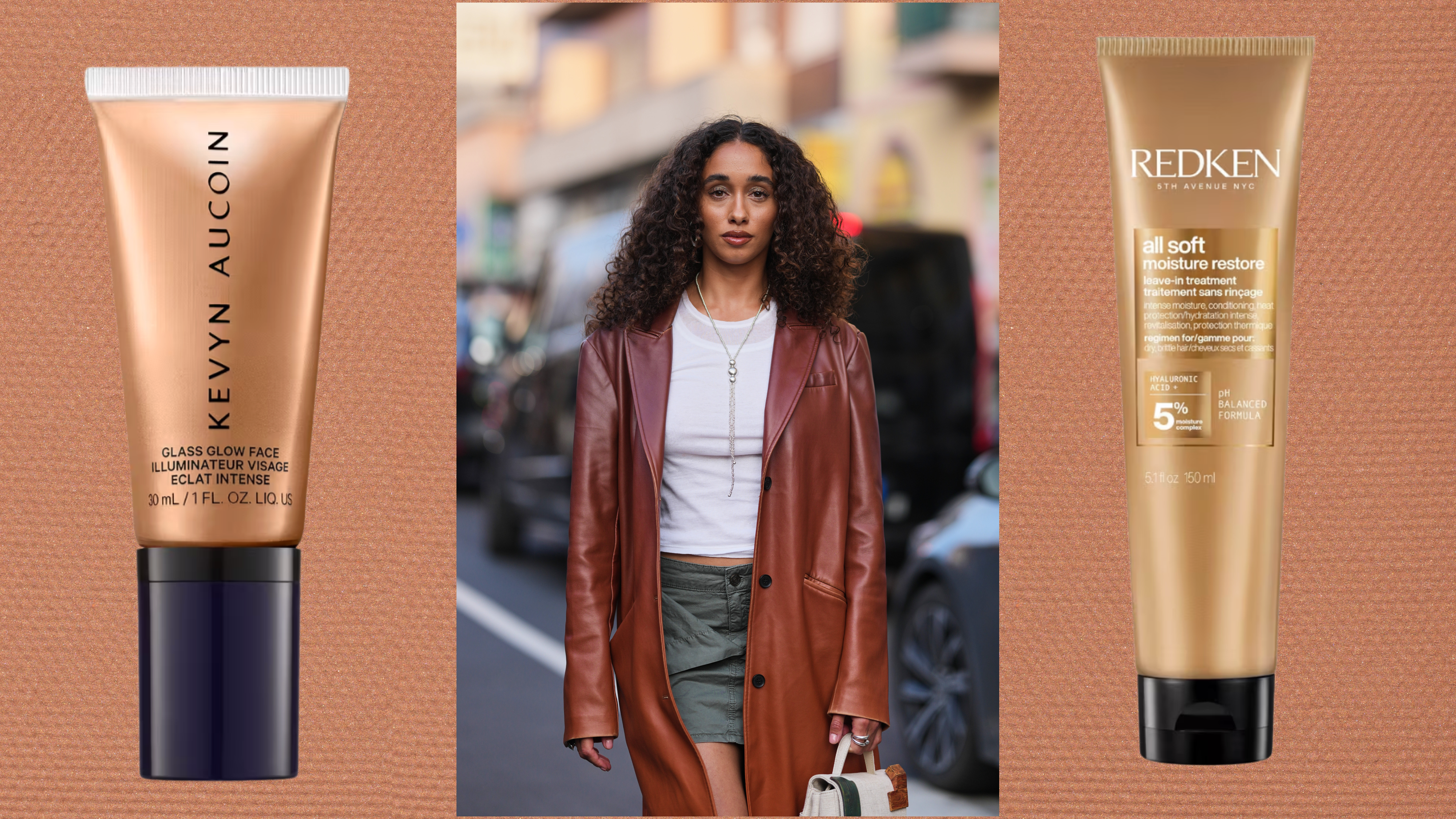 A woman wearing a brown trench coat, white shirt and khaki green skirt. She is next to two tubes of product (highlighter and hair treatment) from the Ulta Sale.