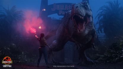 Jurassic Park: Survival announcement screenshot with a woman holding a flare and a roaring T-Rex. 