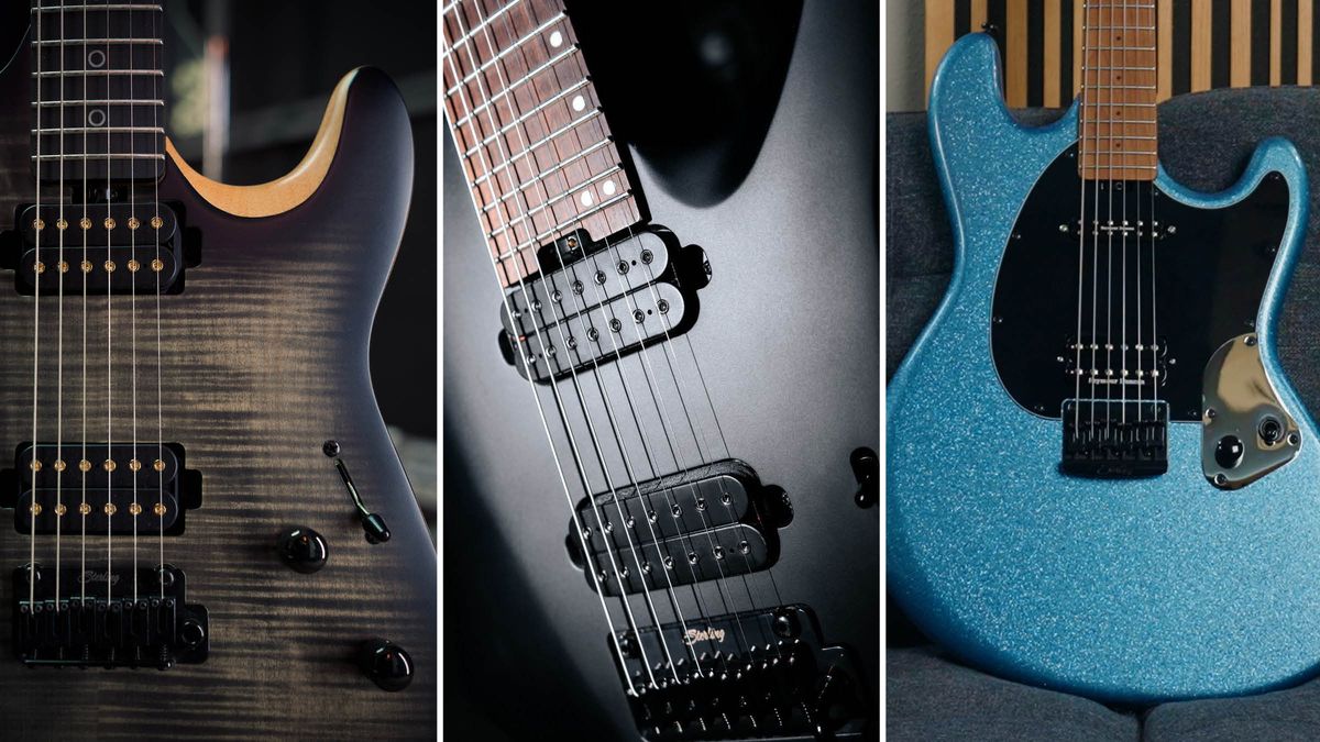 A composite image of Sterling By Music Man&#039;s three new artist series models in close-up: the Rabea Massaad, the Tosin Abasi Kaizen and the Ryan &quot;Fluff&quot; Bruce StingRay, 