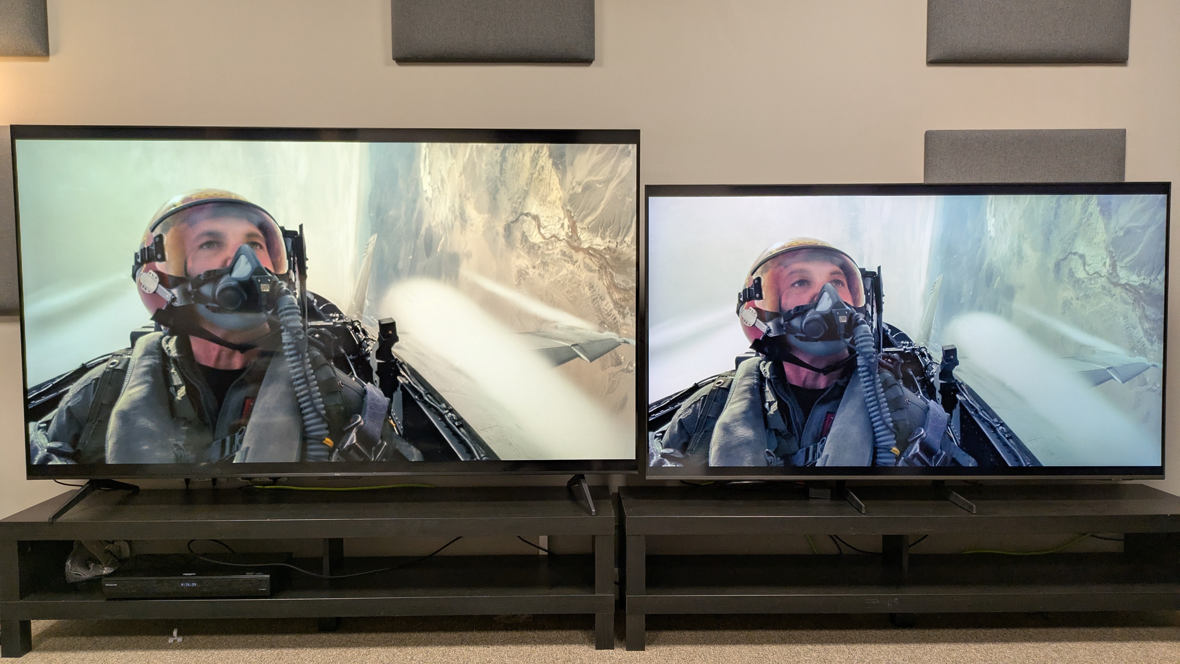 TCL Q6C (left) vs Samsung Q8F (right) showing Top Gun: Maverick on screen