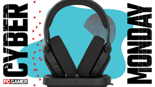 A headset on a blue Cyber Monday background