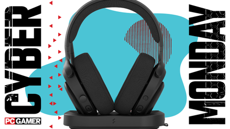 A headset on a blue Cyber Monday background