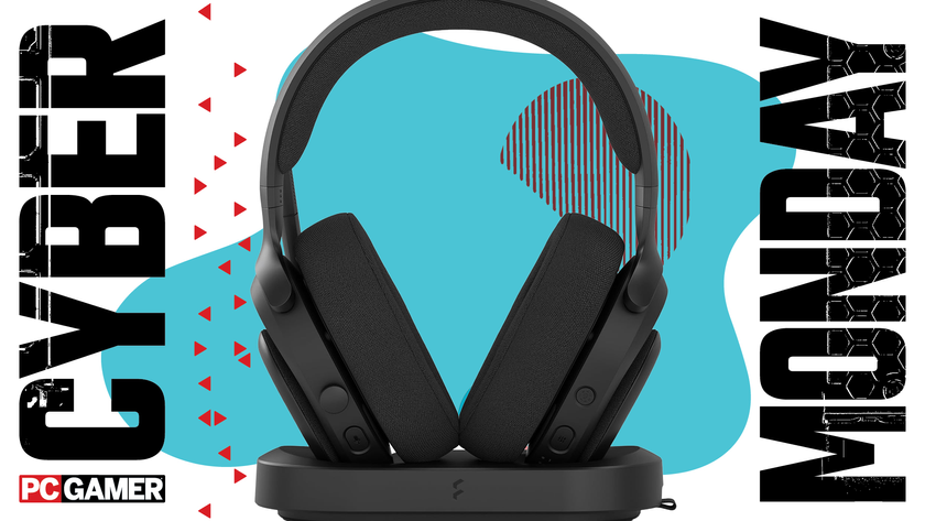 A headset on a blue Cyber Monday background