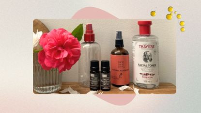 a selection of ingredients to make DIY face mist next to a vase of flowers on a wooden surface