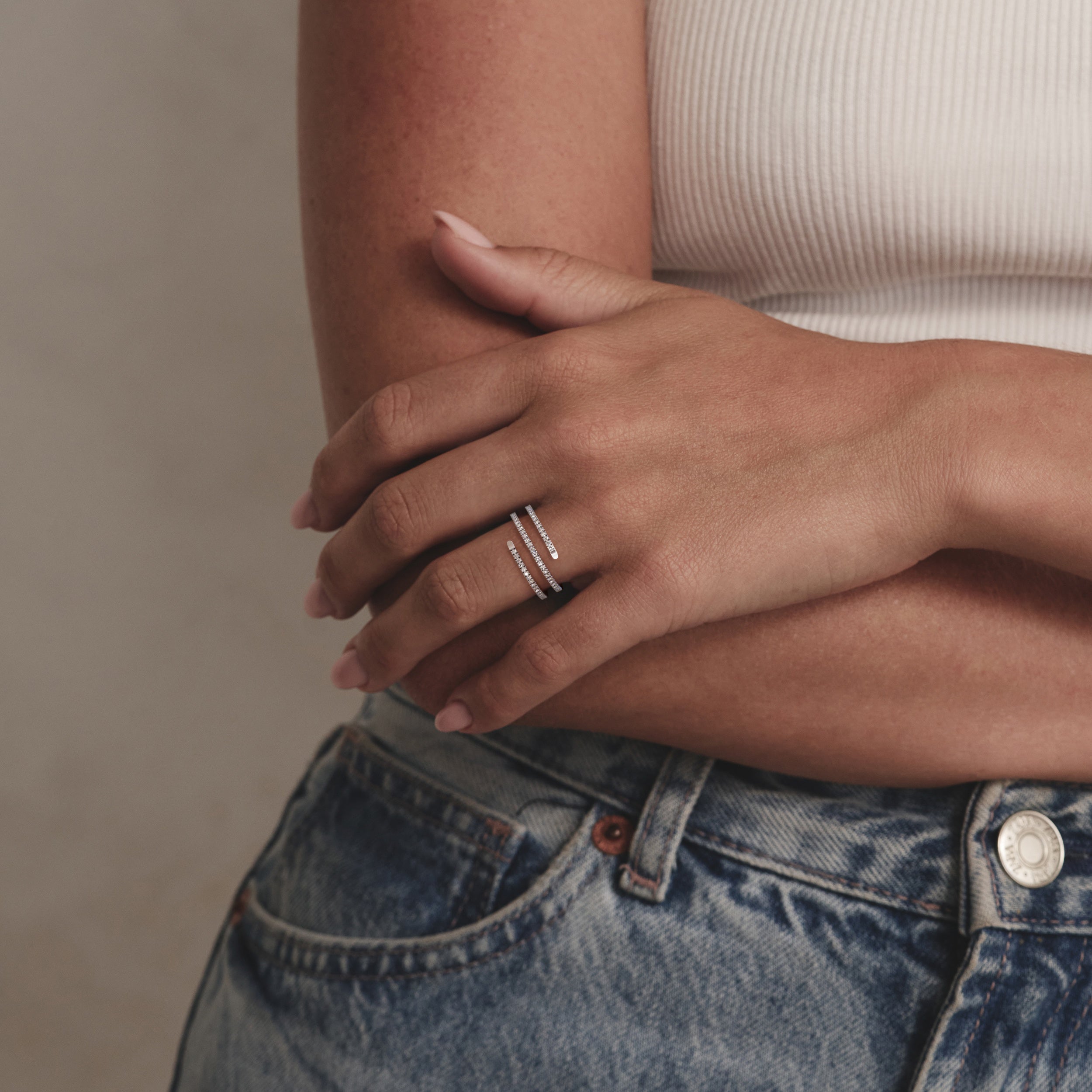 a model wearing a lab-grown diamond ring from the diamond store