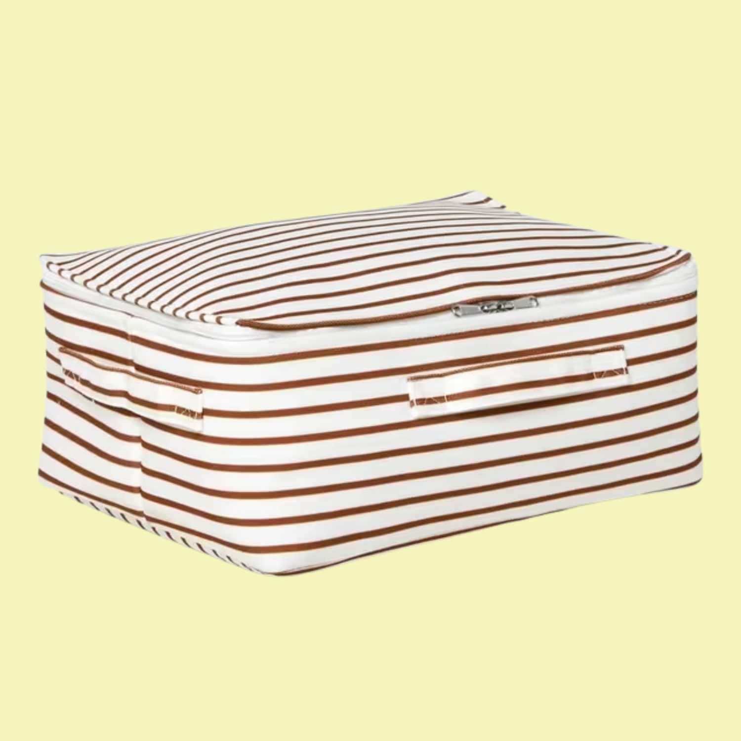 A white and amber striped storage bag