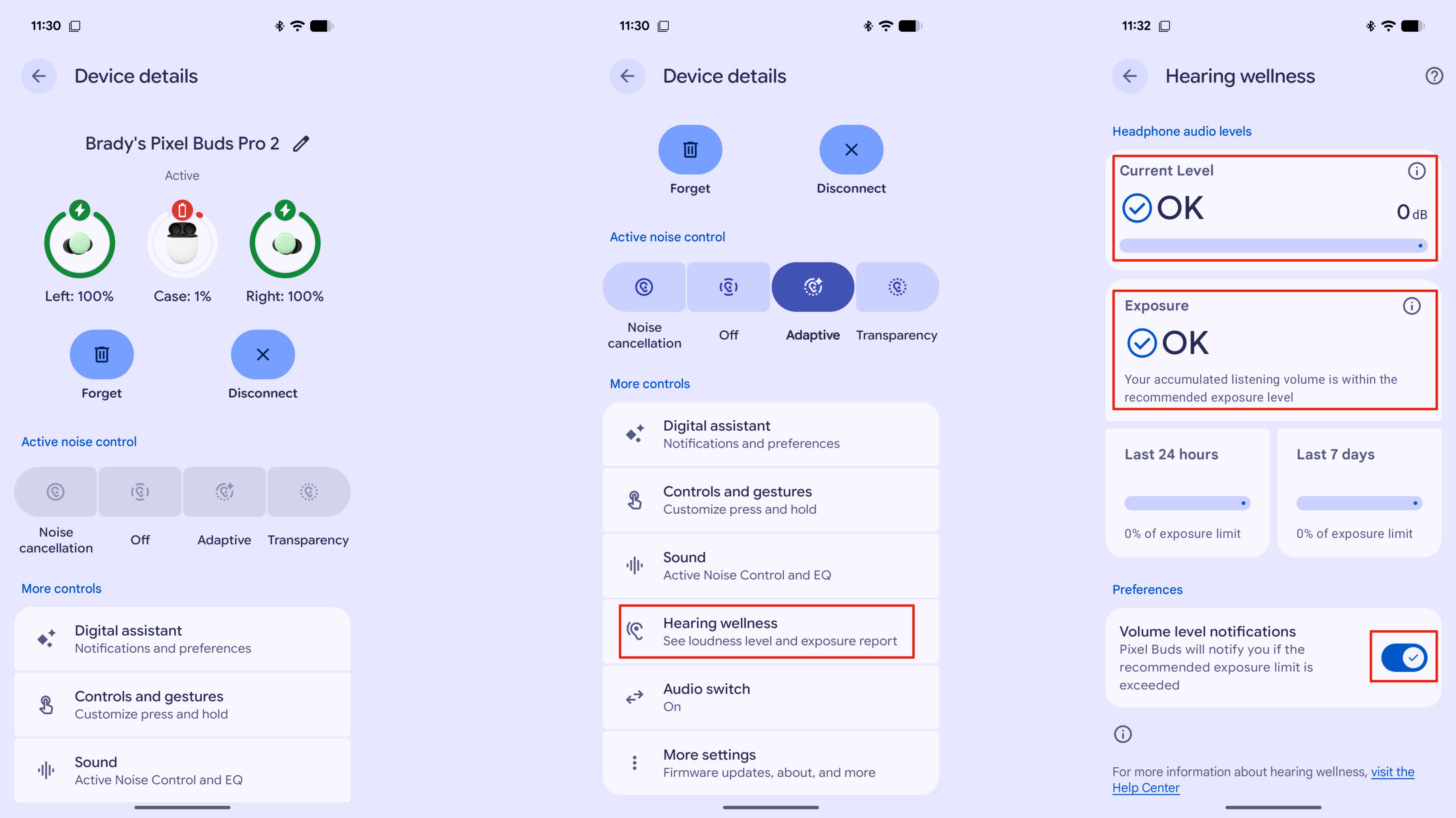 Steps for activating Adaptive Audio and checking hearing wellness on the Pixel Buds Pro 2.