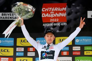 Kevin Vermaerke on the podium at the Dauphiné
