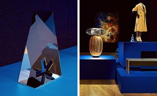 Left: The gleaming Nendo-designed Design Awards trophy. Right: The winning designs were showcased on a system of blue plinths designed by Gary Card