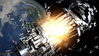 Artist's illustration of a debris-spawning event in Earth orbit that could cause or contribute to the Kessler Syndrome.
