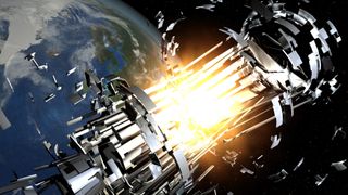 Artist's illustration of a debris-spawning event in Earth orbit that could cause or contribute to the Kessler Syndrome.