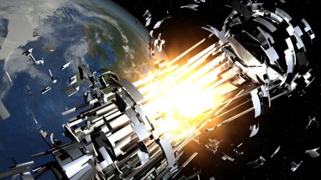 Artist's illustration of a debris-spawning event in Earth orbit that could cause or contribute to the Kessler Syndrome.