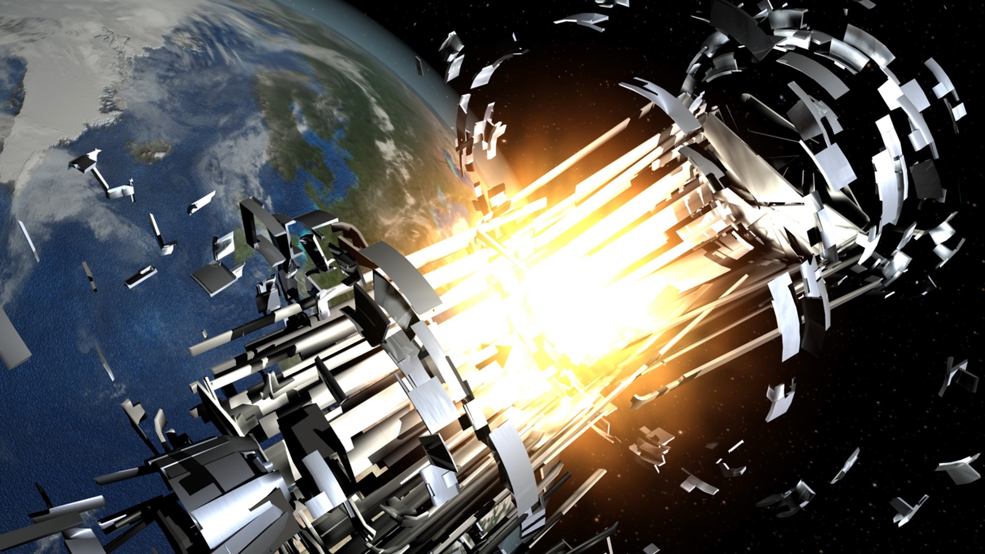 Artist's illustration of a debris-spawning event in Earth orbit that could cause or contribute to the Kessler Syndrome.